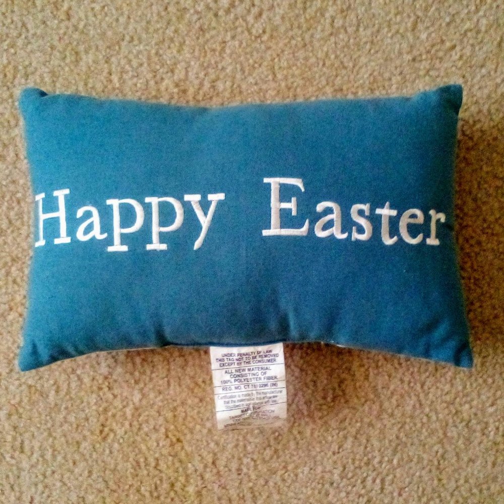 "Happy Easter" Throw Pillow: Blue and White w/ Flowers. Great Condition